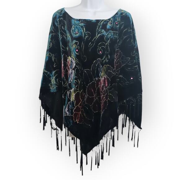 Coldwater Creek Sweaters - Coldwater Creek Velvet Burnout Beaded Floral Poncho Tassel Fringe OS